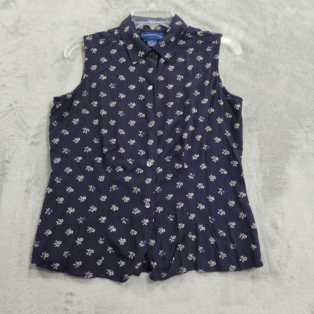 Vintage Charter Club Shirt Womens 8 Blue Floral Button Front Sleeveless Rayon